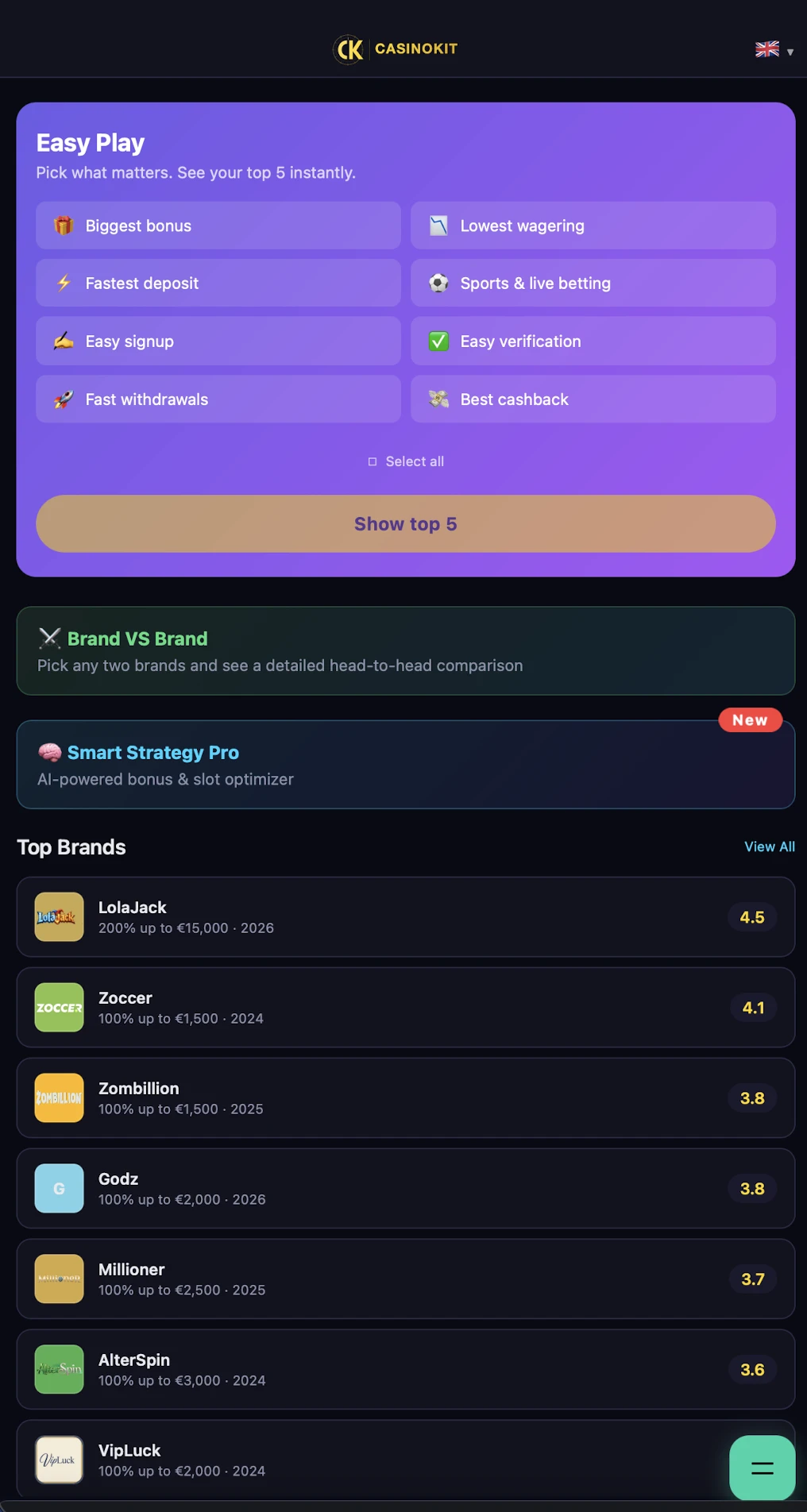 CasinoKit app home screen showing casino comparison and tools